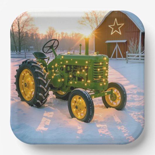 Weihnachtsgrüner Vintage-Traktor mit roter Scheune Pappteller (Vorderseite)