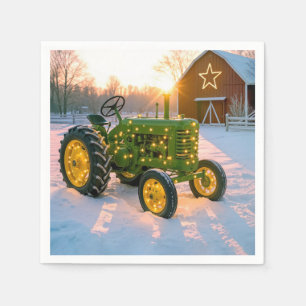 Weihnachtsgrüner Vintage-Traktor mit roter Scheune Serviette