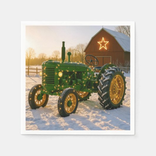 Weihnachtsgrüntraktor mit leuchtenden Lichtern Serviette (Vorderseite)