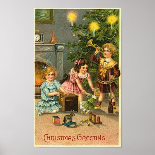 Weihnachtsgruß Kinder, Baum, Spielzeug Poster (Vorne)