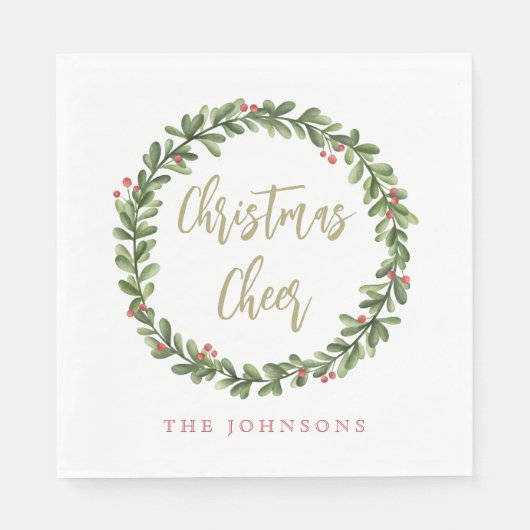 Weihnachtsgruß-Kranz Goldschrift personalisiert Serviette (Vorderseite)