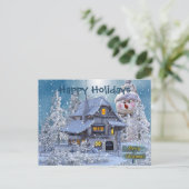 Weihnachtsgruß Winter Schneemann Blau Rustikal Postkarte (Stehend Vorderseite)