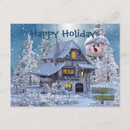 Weihnachtsgruß Winter Schneemann Blau Rustikal Postkarte (Vorderseite)