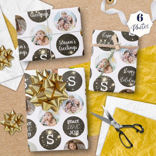 Weihnachtsgrüße 6 Foto Monogram Gold Sparkle Geschenkpapier Set