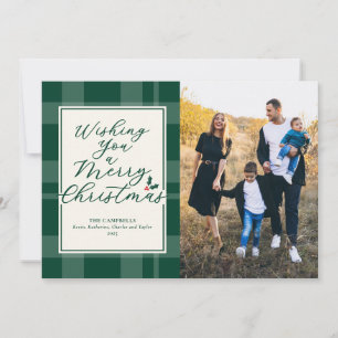 Weihnachtsgrüße auf einer grün karierten Fotokarte Feiertagskarte