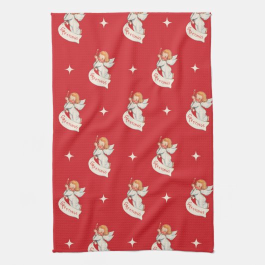 Weihnachtsgrüße, Engel mit Sternen Geschirrtuch (Vertikal)