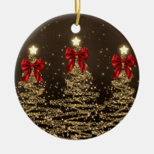Weihnachtsgrüße Goldene Weihnachtsbäume mit roten  Keramik Ornament