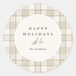 Weihnachtsgrüße in sanftem Beige Gingham Runder Aufkleber