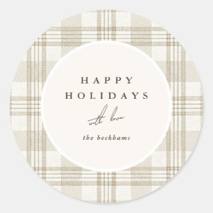 Weihnachtsgrüße in sanftem Beige Gingham Runder Aufkleber