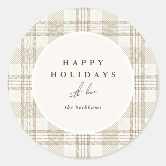 Weihnachtsgrüße in sanftem Beige Gingham Runder Aufkleber (Vorderseite)