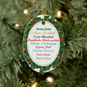 Weihnachtsgrüße in Weltsprachen auf dem Weihnachts Keramikornament