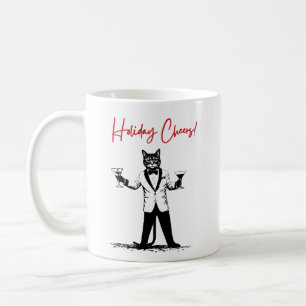 Weihnachtsgrüße! Katze im Smoking prostet Ihnen zu Kaffeetasse