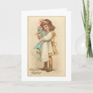 Weihnachtsgrüße Mädchen mit Puppe Vintage Feiertagskarte