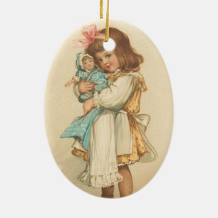 Weihnachtsgrüße Mädchen mit Puppe Vintage Keramikornament