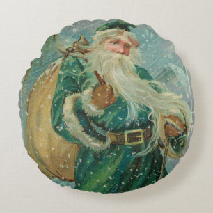Weihnachtsgrüße-Retro-Weihnachtsmann-Postkarte Rundes Kissen