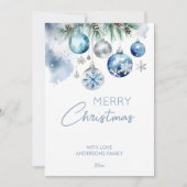 Weihnachtsgrüße silberblaue Baubles Feiertagskarte (Vorderseite)