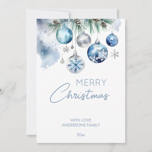Weihnachtsgrüße silberblaue Baubles Feiertagskarte (Vorderseite)