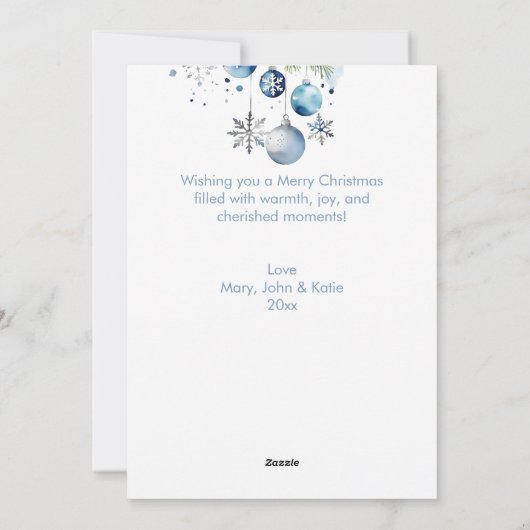 Weihnachtsgrüße silberblaue Baubles Feiertagskarte (Rückseite)