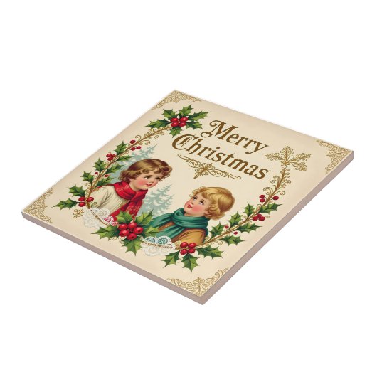 Weihnachtsgrüße viktorianischer Kinder vintage Fliese (Seite)