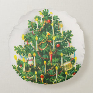 Weihnachtsgrüße, Vintage-Karte, Weihnachtsbaum Rundes Kissen