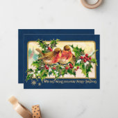 Weihnachtsgrüße Vögel Holly Imitate Gold Mitteilungskarte (Vorderseite/Rückseite Beispiel)