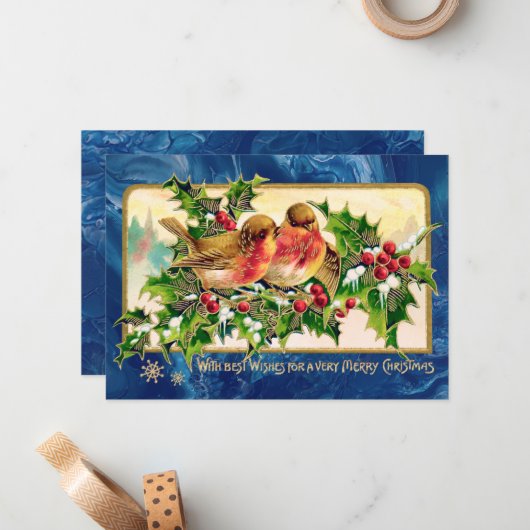 Weihnachtsgrüße Vögel Holly Imitate Gold Mitteilungskarte (Vorderseite/Rückseite Beispiel)