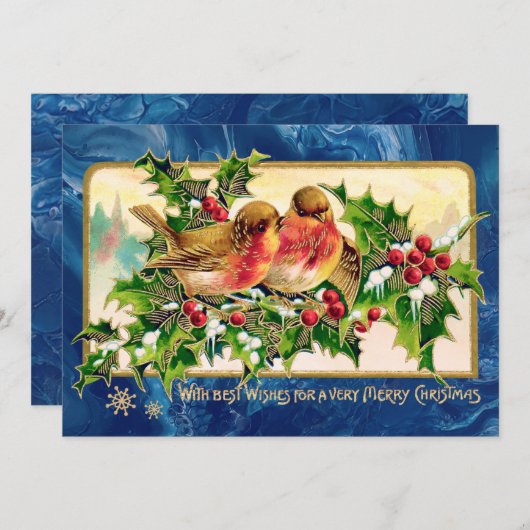 Weihnachtsgrüße Vögel Holly Imitate Gold Mitteilungskarte (Vorne/Hinten)
