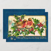 Weihnachtsgrüße Vögel Holly Imitate Gold Mitteilungskarte (Vorne/Hinten)