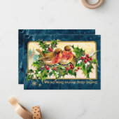 Weihnachtsgrüße Vögel Holly Imitate Gold Mitteilungskarte (Vorderseite/Rückseite Beispiel)
