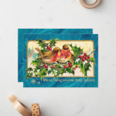 Weihnachtsgrüße Vögel Holly Imitate Gold Mitteilungskarte (Vorderseite/Rückseite Beispiel)