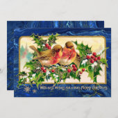Weihnachtsgrüße Vögel Holly Imitate Gold Mitteilungskarte (Vorne/Hinten)