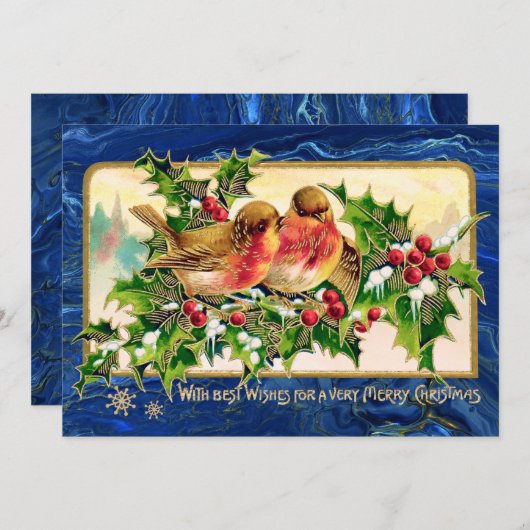 Weihnachtsgrüße Vögel Holly Imitate Gold Mitteilungskarte (Vorne/Hinten)