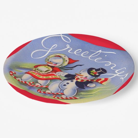 Weihnachtsgrüße von Herrn und Frau Snowman Pappteller (Schrägansicht)