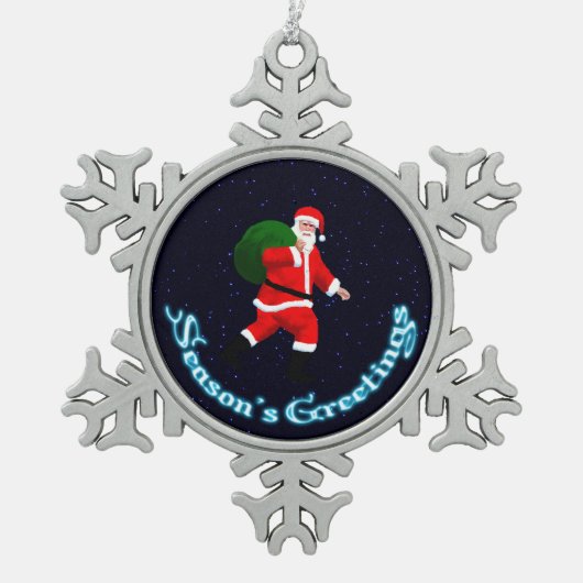 Weihnachtsgrüße - Weihnachtsmann Schneeflocken Zinn-Ornament (Vorderseite)