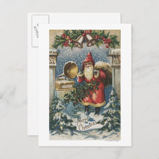 WeihnachtsgrüßeWeihnachtsmann und Plattenspieler Feiertagspostkarte (Vorne/Hinten)