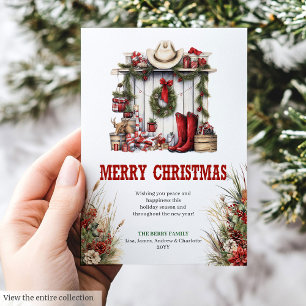 Weihnachtsgrußkarte mit Cowboy-Stiefeln im Yuletid Feiertagskarte
