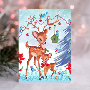Weihnachtsgrußkarte mit Hirschen und Vögeln   Fest Feiertagskarte