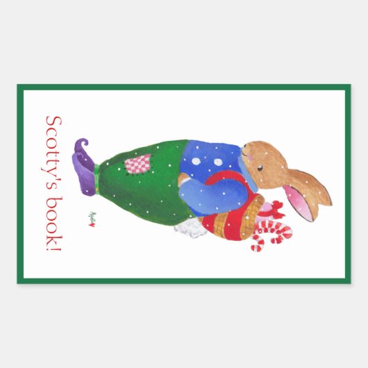 Weihnachtshasen-Buchzeichen Rechteckiger Aufkleber (Vorderseite)