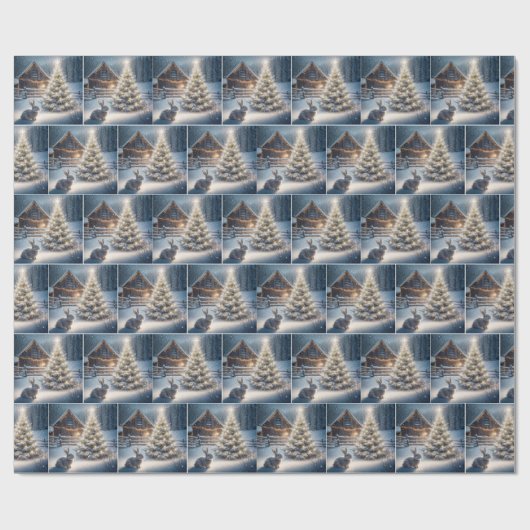 Weihnachtshasen mit leuchtendem Baum Geschenkpapier (Flach)