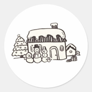 Weihnachtshaus mit Schneemann Runder Aufkleber