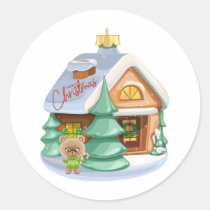 Weihnachtshaus-Ornament und süßer Teddybär  Runder Aufkleber