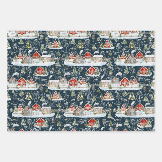 Weihnachtshaus Wasserfarbmuster Geschenkpapier Set (Vorderseite 3)