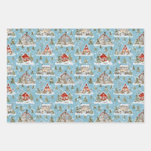 Weihnachtshaus Wasserfarbmuster Geschenkpapier Set (Vorderseite 2)