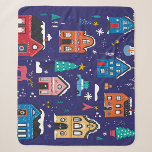 Weihnachtshäuser: Flache Vintage-Illustration. Sherpadecke