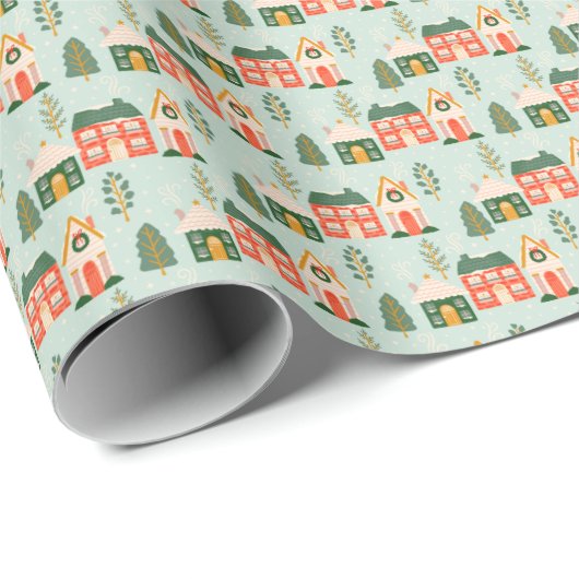 Weihnachtshäuser in Mint Green Geschenkpapier (Rolleneckpunkt)