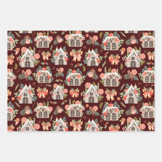 Weihnachtshäuser in Roter Wasserfarbe Nahtloses Mu Geschenkpapier Set (Vorderseite 3)