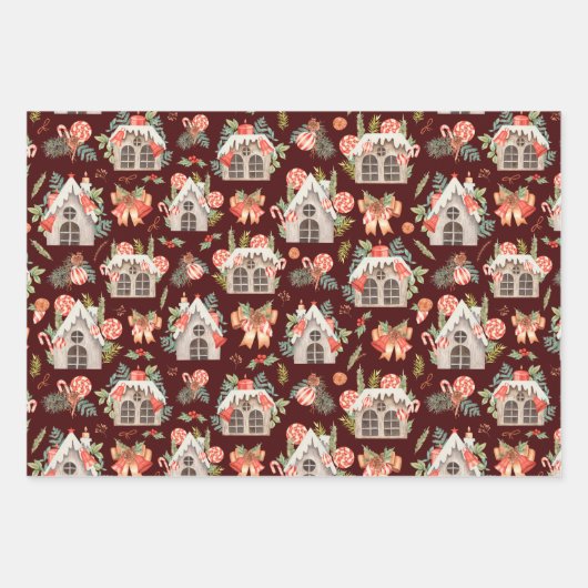 Weihnachtshäuser in Roter Wasserfarbe Nahtloses Mu Geschenkpapier Set (Vorderseite 2)