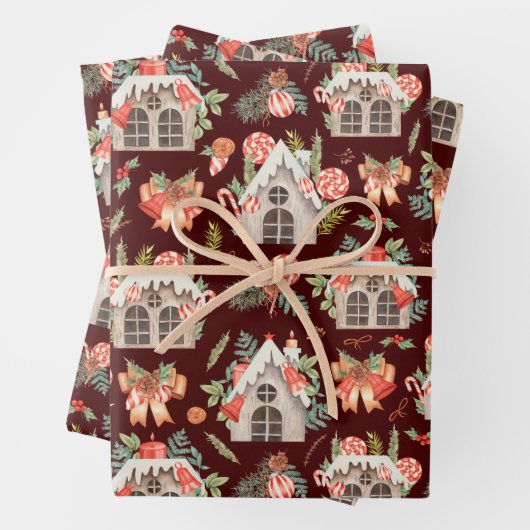Weihnachtshäuser in Roter Wasserfarbe Nahtloses Mu Geschenkpapier Set (Beispiel)