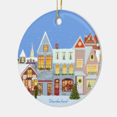 Weihnachtshäuser mit blauem Himmel Keramik Ornament (Links)