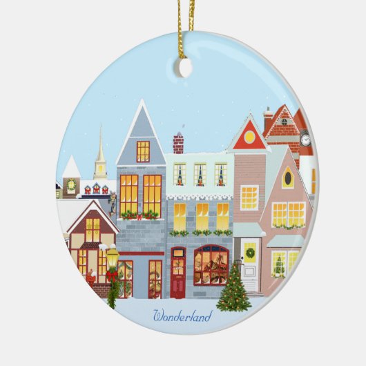 Weihnachtshäuser mit blauem Himmel Keramik Ornament (Links)